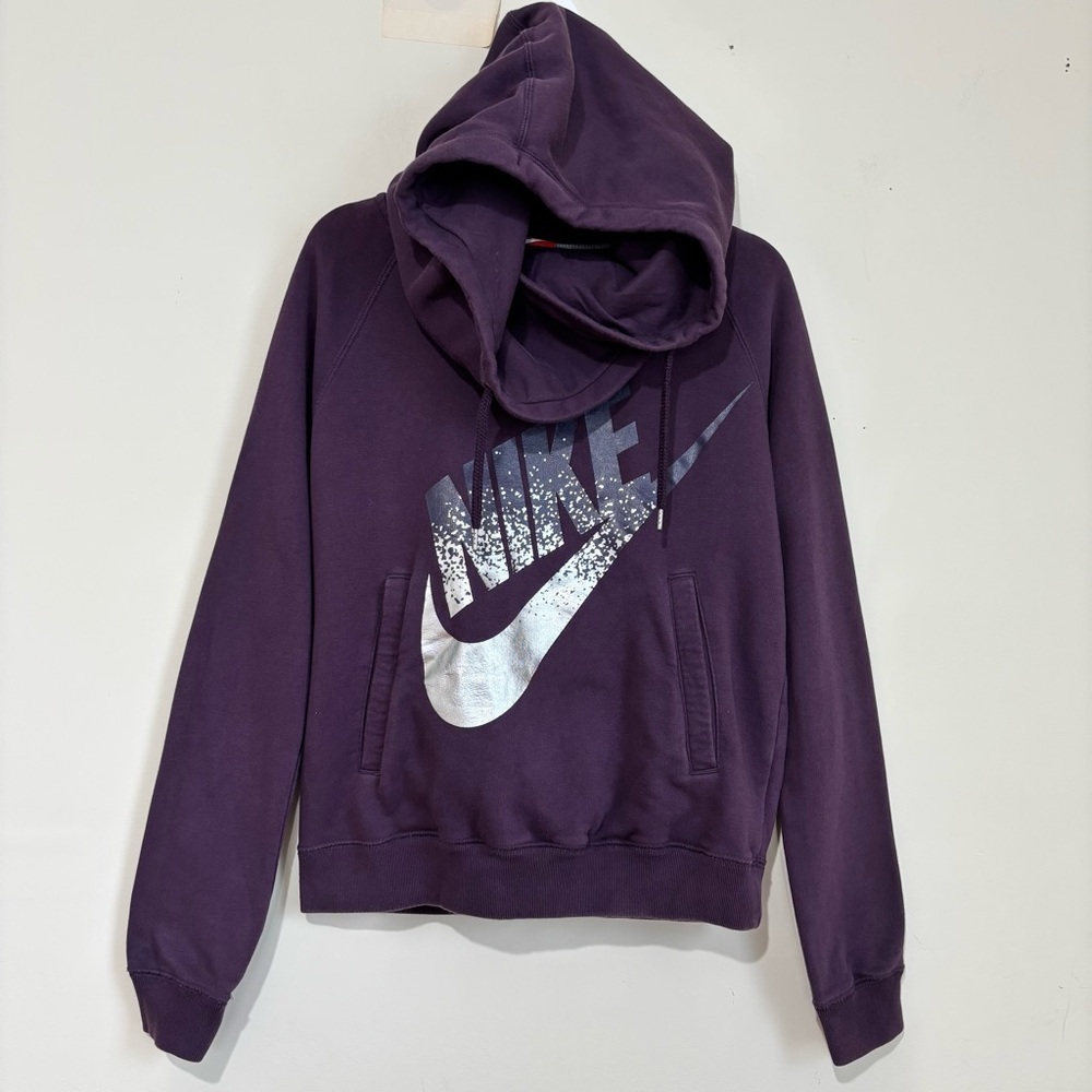 Nike Women's S Silver Foil Swoosh Logo Funnel Cowl Neck Purple Pullover Hoodie